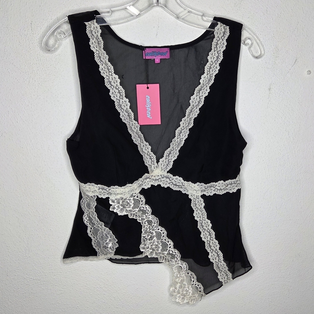 Edikted NWT Chiffon And Lace Sheer Asymmetric Top Medium Cami Tank Top Chic